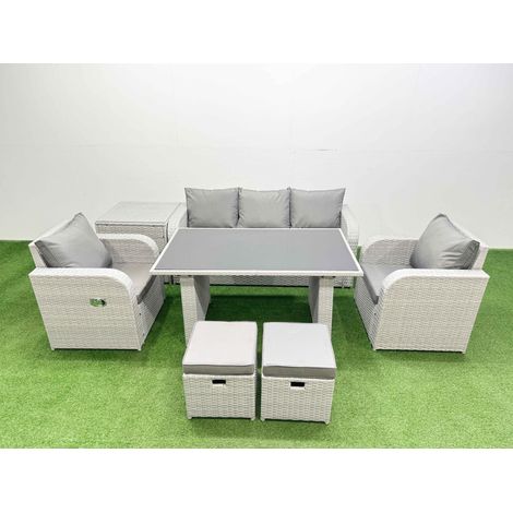 Fimous Outdoor Rattan Garden Furniture Dining Set 7-seater Patio Rectangular Table 3 Seater Sofa Reclining Chair Set with Side Table 2 Small Stools (1/4)
