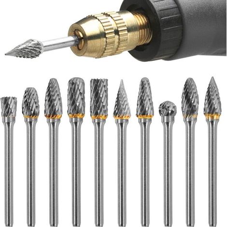Lot de 10 fraises rotatives en carbure de tungstène pour outil rotatif, tige résistante à l'usure pour métal, bois, polissage, perçage, sculpture pour bois (1/5)