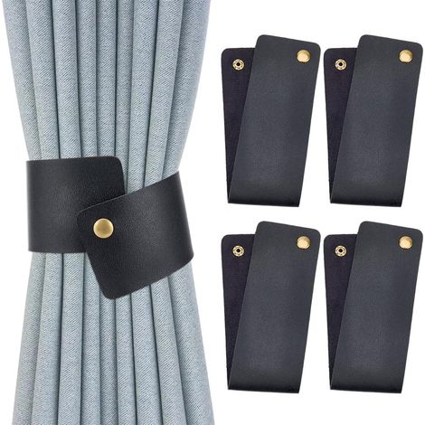 Embrasses de rideaux en cuir PU noir, style vintage élégant, bouton pression, pour fenêtre, salon, chambre ou bureau. (1/5)
