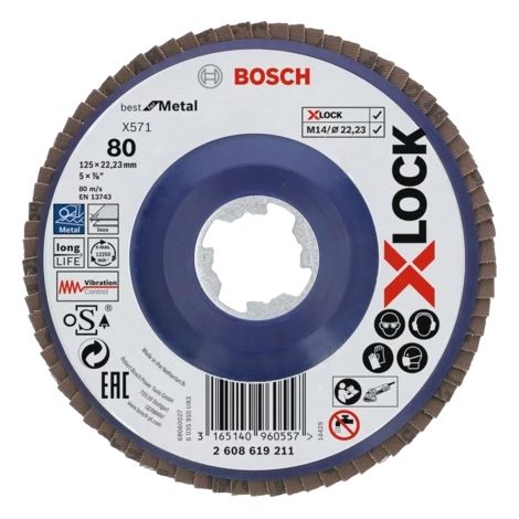Bosch – Disque à lamelles pour meuleuse 125mm – Grain 80 – Pour acier spécial et fonte – Longévité élevée – Plateau en fibre de verre