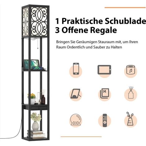 Pour smartphone, tablette et ampoule E27, Lampe sur pied étagère pour salon et chambre avec prise, 2 USB et tiroir en bois (1/5)