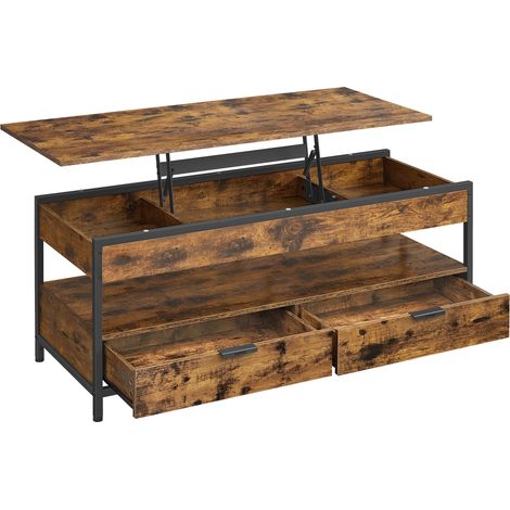 Vasagle – Table basse relevable marron rustique et noir d’encre – Plateau ajustable 48-63 cm – Rangement avec tiroirs et compartiments cachés – 50 x 120 cm