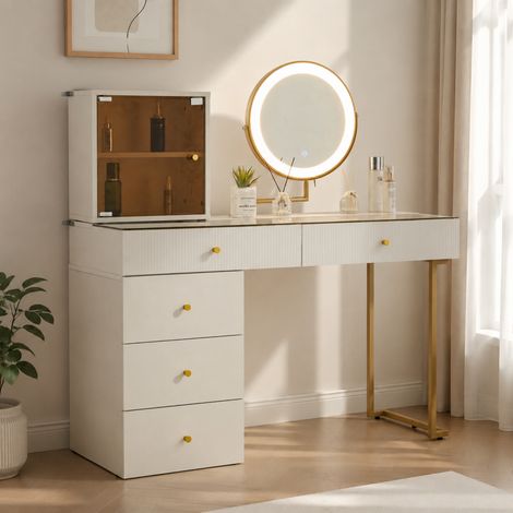 Set化妆台 avec miroir LED réglable (3 couleurs), plateau en verre trempé transparent, armoire intégrée, blanc doré, 120 x 45 x 115 cm (1/5)