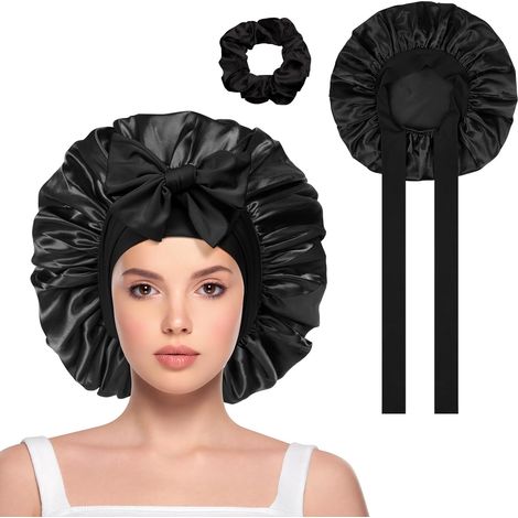 Lot de 2 bonnets en satin de soie douce pour dormir, bonnet de nuit avec bande élastique, bonnet de bain pour cheveux longs, raides et bouclés (1/5)