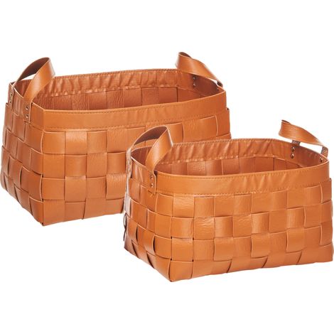 Conjunto de 2 cestas de almacenaje hechas a mano con asas de piel sintética marrón dorado Sippar
