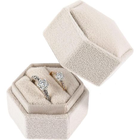 Boîte à bijoux pour bague, Boîte à Bague en Velours, Écrin à bijoux élégant, Double Fente Hexagonale Boite Alliance Mariage, pour Mariages, Valentin, Propositions, Fiançailles(Beige) (1/5)
