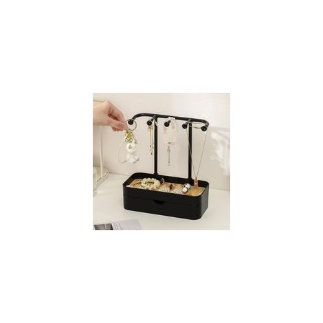 Présentoir à bijoux avec tiroirs, support à bijoux avec base de rangement en bois, organisateur de bijoux compact avec 5 crochets, pour colliers, bracelets, bagues et boucles d'oreilles, noir