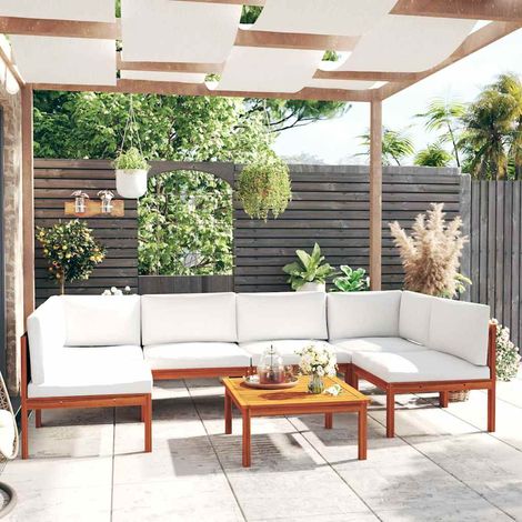 vidaXL Conjunto de jardín de 7 piezas con cojines, madera color crema, acacia y cuerda (1/4)