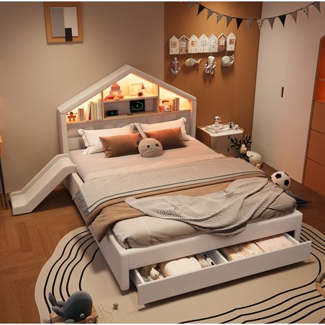 Kinderbett 140x200 cm Beige aus Samt mit Rutsche, LED-Beleuchtung, Ladeanschluss und Bettkasten (1/5)