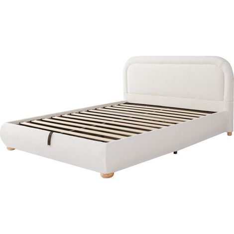 Cama con almacenaje hidráulico 160 x 200 cm con somier, cabecero, bouclé blanco HOMVRA (1/5)