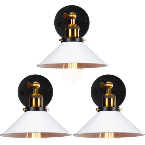 3 Piezas Apliques de Pared Vintage Industrial Lámpara de Pared de Estilo Edison Luz de Pared Rotación 180° Blanco Ø26cm