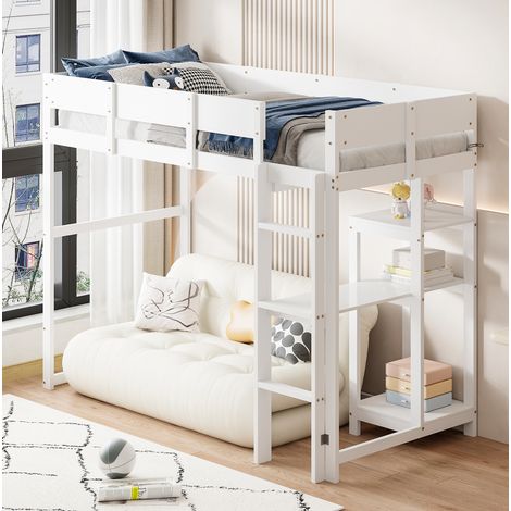 Letto rialzato bambini 90x200 cm con scala, sponde di sicurezza, ripiani portaoggetti aperti e rete a doghe, senza materasso, bianco (1/5)