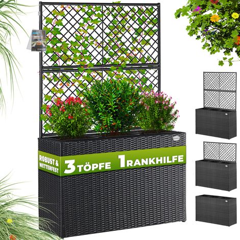 Casaria – Jardinière en polyrotin avec treillis – Set de 3 pots de fleurs – Résistante aux intempéries et aux UV – Bouchon d'évacuation d'eau
