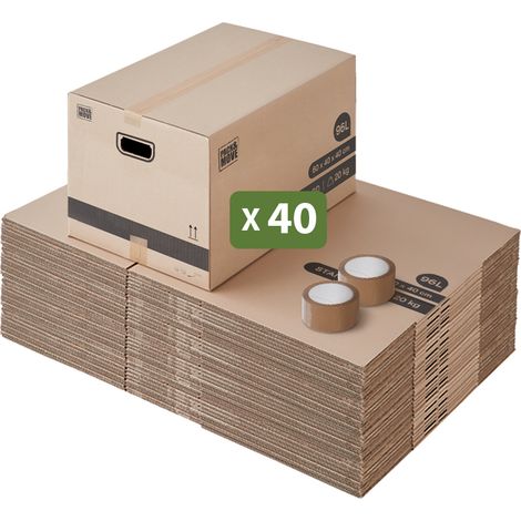 Lot 40 cartons déménagement L larges - 40 x 60 x 40 cm - Poignées renforcées - 2 adhésifs offerts