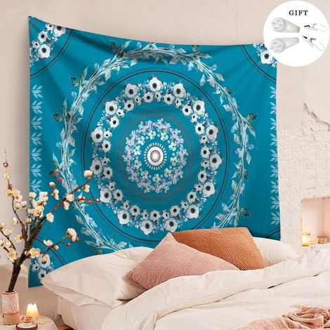 Tapisserie murale bohémienne Mandala à suspendre au mur indien bohème plage/décoration douce et soyeuse pour chambre à coucher, salon (bleu paon, 200 x 150 cm) (1/5)