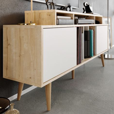 Decorotika Char 160 Cm Meuble TV Meuble TV With Two Cabinets TV Cabinet With Solid Wood Legs TV Console With Open Shelves Up To 71 TV'S-Sapphire Oak Pattern And Blanc (1/5)