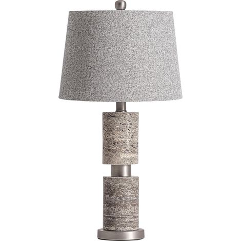 Lampe de salon art déco en travertin et bois tons neutres - Tons naturels beige et bois clair (1/4)