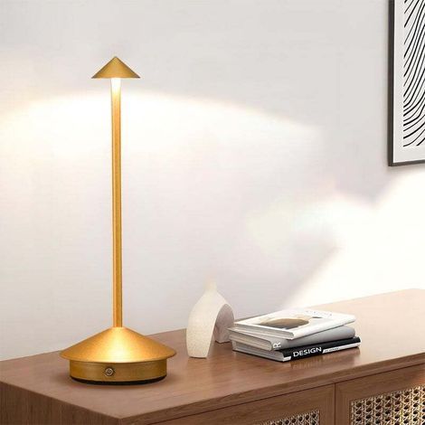 Lampe de table LED en aluminium, variateur d'intensité tricolore, interrupteur tactile, rechargeable, idéale pour la chambre et le café, dorée. (1/4)