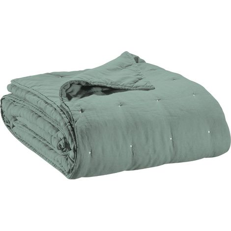 Jeté de lit en lin et coton stonewashed avec finition point vert-de-gris 180 x 260 cm - PANGIVO (1/4)