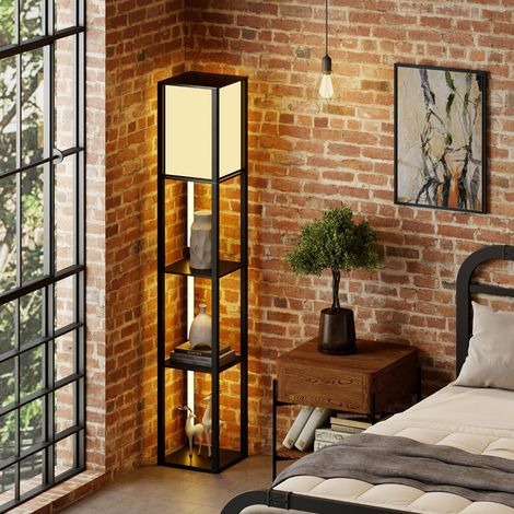 Lampe de Sol avec Étagères Lampe Étagère en Bois avec 3 Bandes LED & Abat-jour Luminosité Réglable à 3 Niveaux Rack de Présentation Noir (1/3)