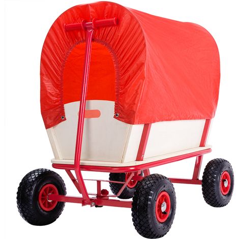 MONZANA® Wooden Garden Trolley Removable Canopy Cover & Pneumatic Tyres, 180 kg Capacity 4 Wheeled Beach Trolley with Inflatable Tyres & Pull Handle, Beach Wagon Pull Along Wagon Steel Frame Red (1/5)