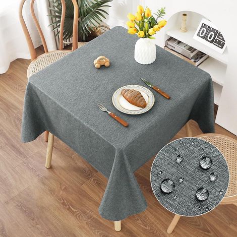 Nappe 140x140cm Gris Aspect lin lavable imperméable résistant aux rayures