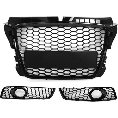 Kit Rejilla Delantera RS3 panal para Audi A3 8P 2008-2012 - ABS negro brillo - Incluye marcos antiniebla y aro negro - Sin logo - Marco antiniebla (apertura negra)