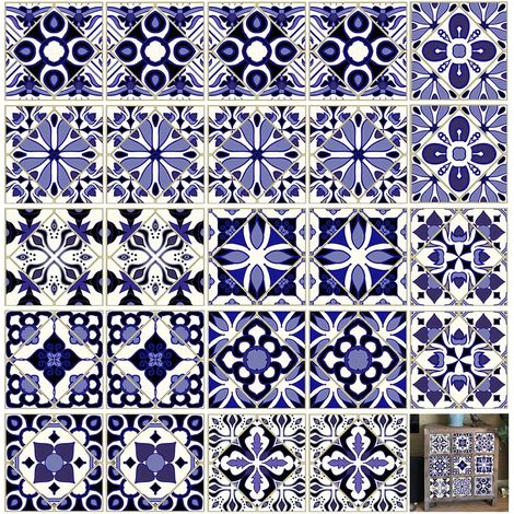 24 Pièces Stickers Carrelage, Bleu Stickers Carreaux Autocollant, Style-Marocain Carrelage Adhesif Mural, Imperméable Autocollant Carrelage, 10 Styles, pour Salle de Bain, Cuisine, Balcon (1/5)