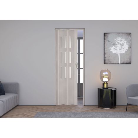 Porta a Soffietto da Interno Maya 83x214 cm Made in Italy in PVC con Vetro Satinato Bianco Orizzontale Rilievo