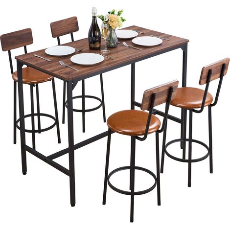 Table de Bar Haute et Tabourets, 5 PCS, Ensemble Mange Debout avec 4 Chaises, Surface Rectangulaire Design à Arêtes Arrondies, pour Bureau, Petit-Déjeuner, Mini Bars, Marron Rustique, Noir (1/5)