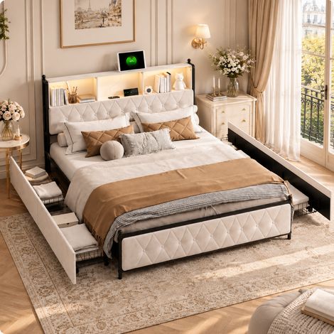 lit double 180 x 200, lit adulte 180 x 200 avec 4 tiroirs, table de chevet avec étui souple et bande lumineuse LED, interface USB et de type C, velours, beige (1/5)