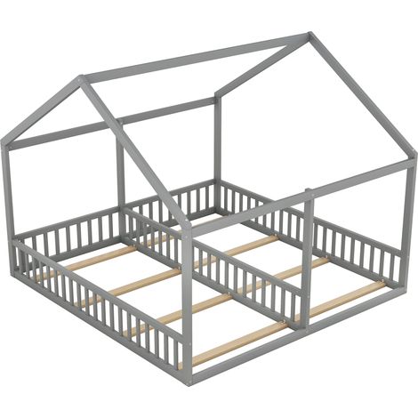 Hausbett 2 Plätze mit Rausfallschutz, 90 x 200 cm x2, ohne Matratze, aus Kiefer und MDF, Grau (1/5)