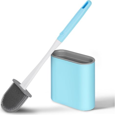 Brosse WC, Brosse de Toilette en Silicone Antibactérienne Balayette,avec Support Mural, tête de Brosse de Nettoyage Double Face, Manche Long et Récipient (Blanc) (1/5)