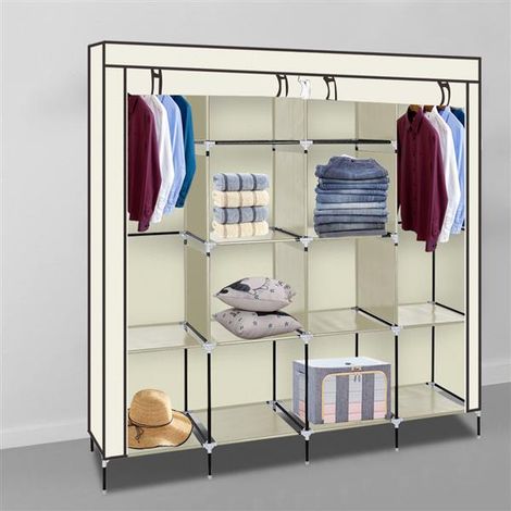 Armoire à vêtements Armoire de rangement portable pour vêtements 12 étagères 4 poches latérales, beige