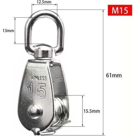 12 Stück M15-Einzelrollen aus Edelstahl 304, 15-mm-Einzelrollenblockrolle, drehbarer Kranhaken, glattes Drahtseil, Tragfähigkeit 77 lbs/35 kg (1/4)