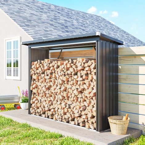 Hangar à bois toit en pente acier terrain surélevé gris foncé abri pour bois de chauffage 213 x 66,5 x 150 cm aménagement intérieur (1/4)
