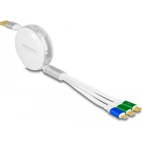 Delock 85358 cable de carga retrÁctil usb 3 en 1 tipo-a a micro usb / 2 x usb type-c™ con carga rÁpida, blanco (1/4)