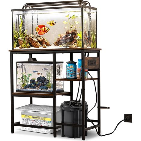 Support métallique pour aquarium avec prises électriques, 20-37 gallons (75-140 litres), étagère de rangement à 3 niveaux, robuste, marron (1/5)