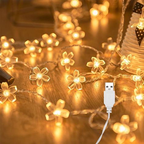 Guirlande lumineuse en forme de fleurs de cerisier - 6 m - 40 LED - Avec USB - Blanc chaud - Pour jardin, mariage, intérieur, extérieur, terrasse, arbres, Noël, décoration de fête (1/5)