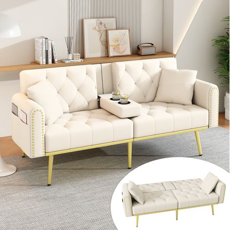Schlafsofa (175x80x73.5 cm), verstellbare Rückenlehne, Getränkehalter, Samt, Beige (1/5)