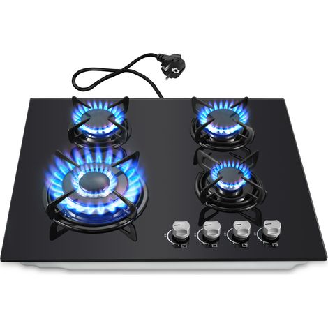 Plaque de cuisson gaz 4 feux 60cm – Puissance 8060W – Brûleurs de 900W à 3400W – Sécurité thermocouple – Encastrable noir GPL/Naturel