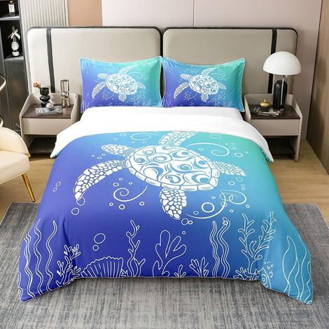 Tortue Coton Sets de Housse de Couette Ombre Art Parure de Lit 240x260cm pour Garçon Fille Marine Thèmes Housse de Couette sous l'eau Animaux Océan Creature Parure Housse de Couette - 260 x 240 cm + 2 (1/5)