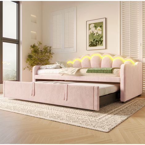 Cama nido 90x200(180x200) de terciopelo rosa con LED, sofá cama (1/5)