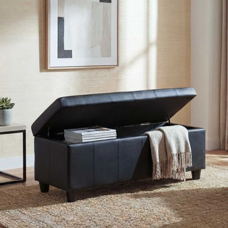 Aufbewahrungs-Truhe Kriens, Sitzbank Bank, Kunstleder, 45x114x45cm schwarz matt