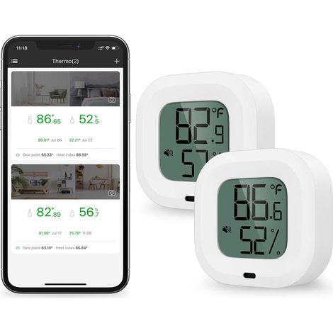 Thermomètre Hygromètre Bluetooth - Capteur Température Humidité -20 à 60 °C 0-100 % RH - Alarme Sonore - Export CSV - Pour Cave à Cigare Maison Étui Guitare - 2 Pièces (1/5)