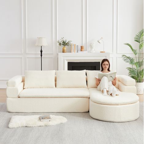 Canapé d’angle 3 places avec chaise longue, design à marches, tissu chenille pour salon et bureau - beige (1/5)