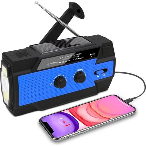 1 radio d'urgence, avec manivelle et panneau solaire, lampe torche LED 3 niveaux, alarme SOS, bloc alimentation 4000 mAh (1/5)