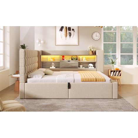 Bett Bettgestell 90x200 Stauraum LED Leinen Beige OKMYHOME (1/5)