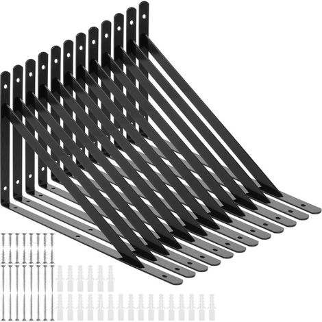 12 pièces de supports d'étagère, 300 x 190 mm Noir Métal Équerre d'étagère, Console métallique à charge lourde Équerre murale, Support d'étagère Support mural Équerre, Équerre de fixation