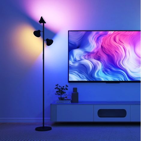 Lampadaire dimmable avec liseuse, RGB, télécommande, 3 têtes orientables, noir (1/5)